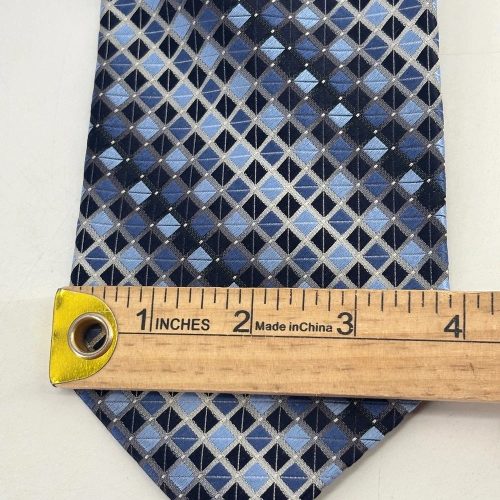 Roberto Villini Tie Mens OS Blue Geometric Diamond 100% Silk Handmade Couture